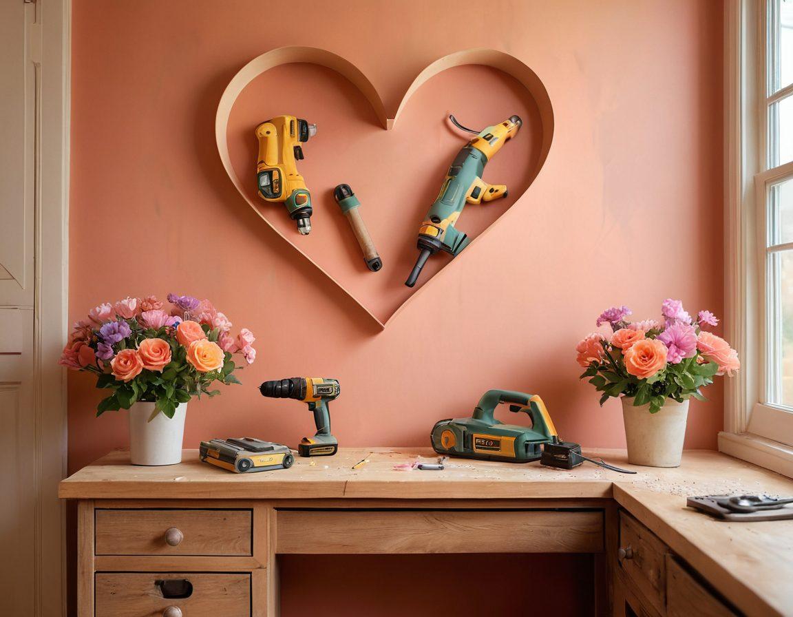 A cozy, romantic workshop scene featuring a couple using power tools together to renovate a home space. Soft, warm lighting creates an inviting atmosphere, with heart-shaped wood cutouts and freshly painted walls in pastel colors. Tools like a drill and a saw are playfully arranged with flowers around them, symbolizing love and creativity. A faint heart-shaped design can be seen on a wall in the background, indicating the theme of romance in home improvement. vibrant colors. cozy ambiance. digital illustration.