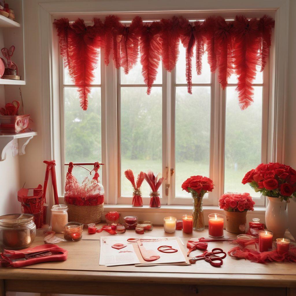 A cozy crafting space filled with vibrant red crafting tools and materials, showcasing romantic DIY projects like heart-shaped decorations and love letters in progress. Soft natural light filters through a window, illuminating a wooden table strewn with crimson ribbons, scissors, and glue. A warm ambiance is created with gentle touches of love-themed accents, like candles and flowers. The background hints at a serene atmosphere for creativity. super-realistic. warm colors. soft focus.