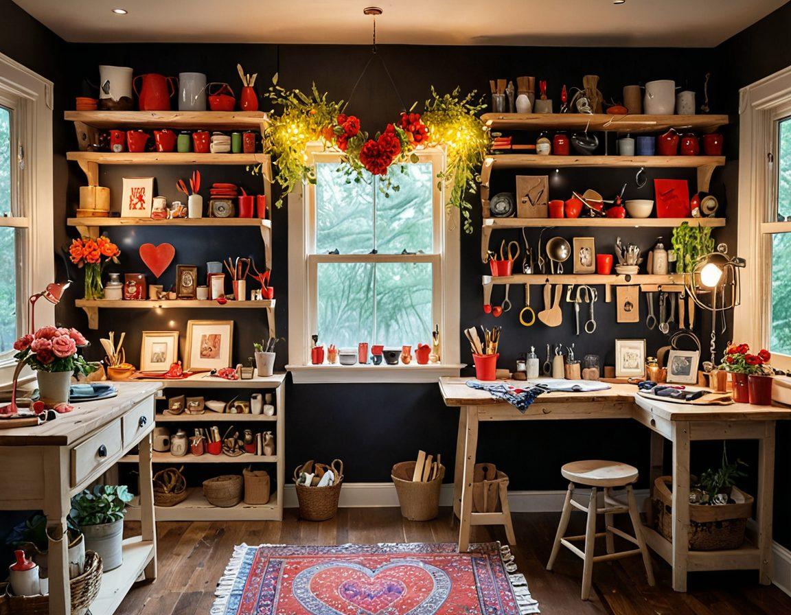 A cozy, romantic setting featuring a stylish workshop transformed into a love nest, with wooden tools, colorful paint splashes, flowers, and soft lighting. A couple is playfully working together on a DIY project, surrounded by heart-shaped decorations made from hardware materials. Background elements include a warm, inviting workspace with shelves filled with tools and crafting items. Emphasize the warmth of love and creativity in the atmosphere. super-realistic. vibrant colors. warm lighting.